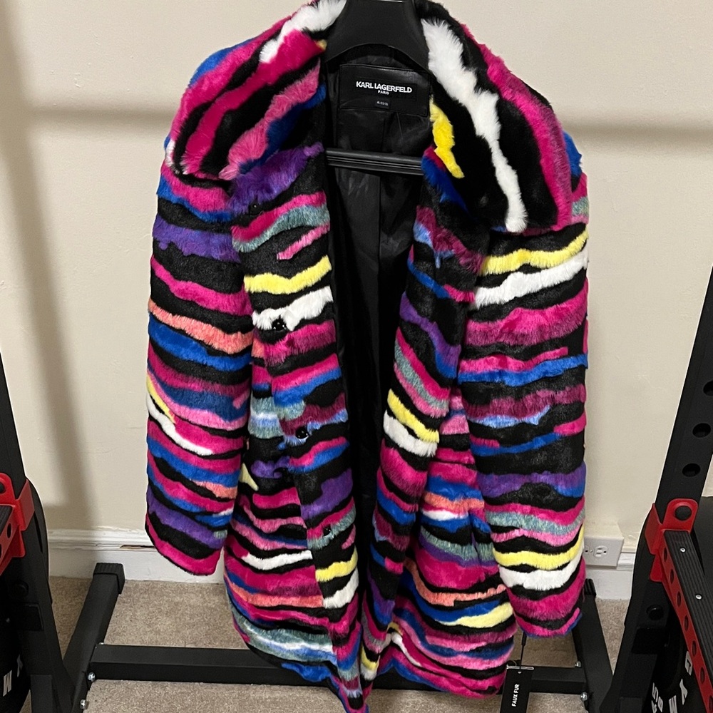 Karl Lagerfeld Striped Faux Fur Coat in Bold Colors
